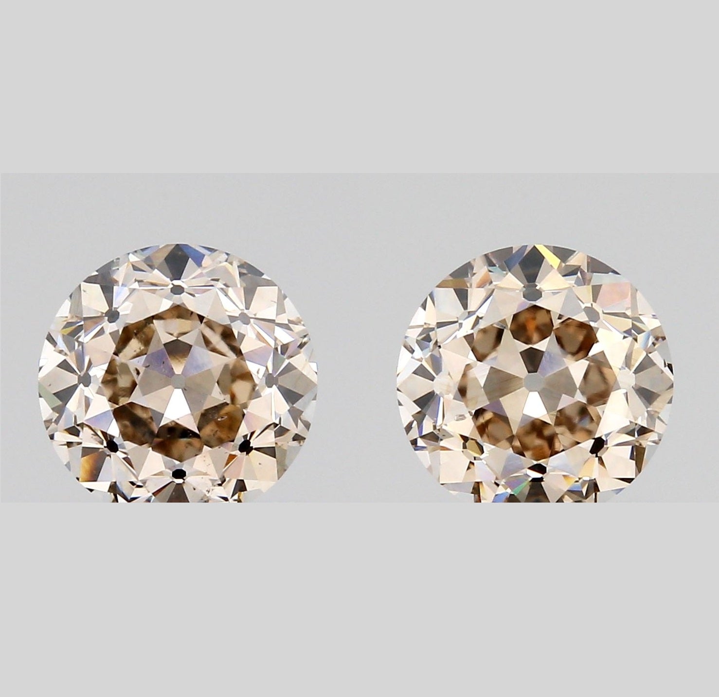 2.03cttw | Light Brown VS Round Shape Old European Cut Diamond Matched Pair - Modern Rustic Diamond