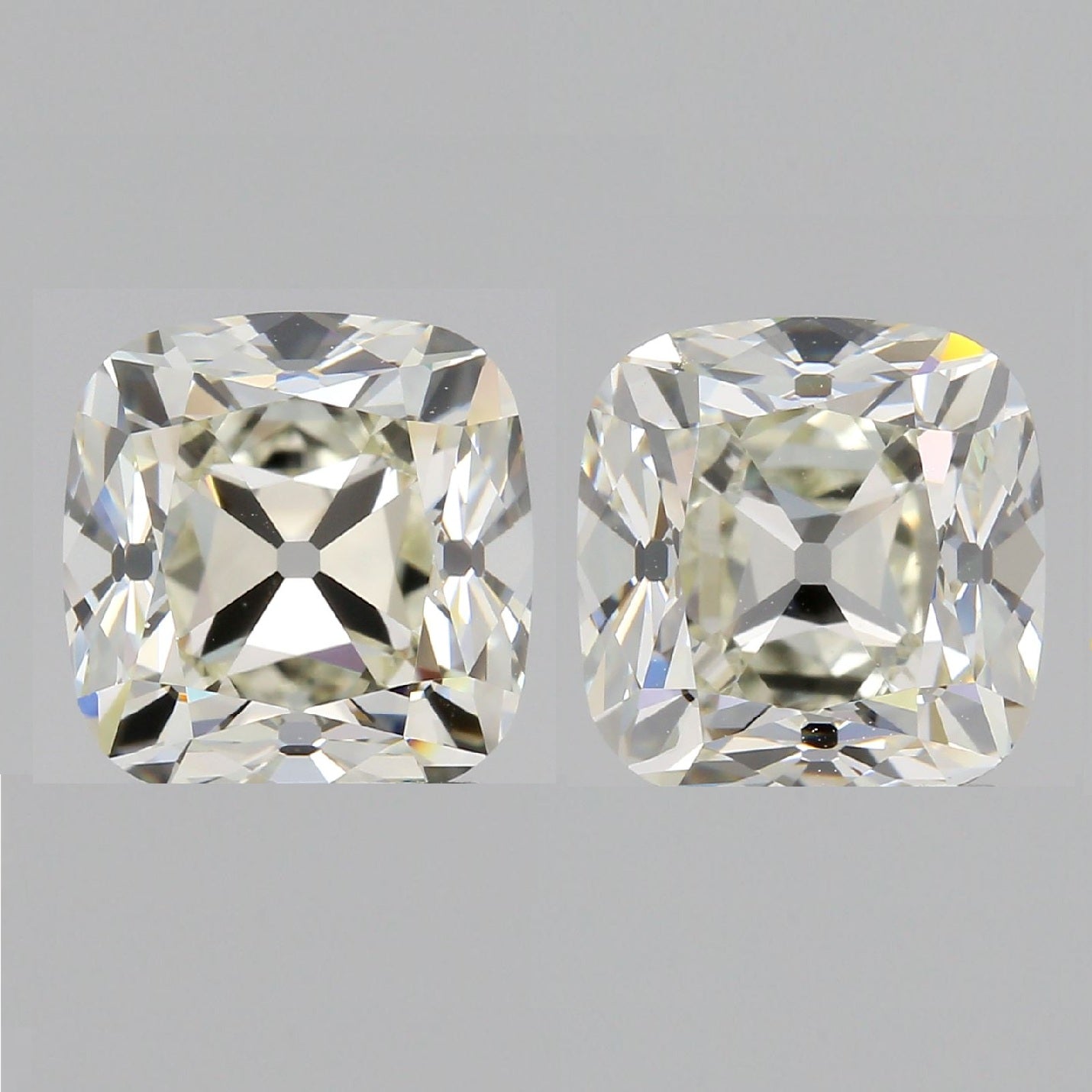 4.02cttw | L-K VVS1-VVS2 Cushion Shape Old Mine Cut Diamond Matched Pair (GIA) - Modern Rustic Diamond