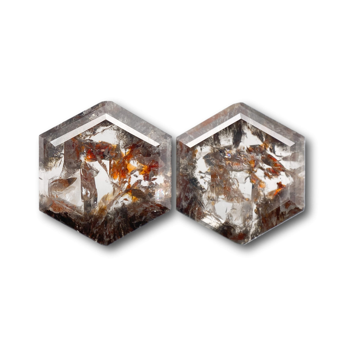 6.06cttw | Salt &amp; Pepper Hexagon Shape Rose Cut Diamond Matched Pair - Modern Rustic Diamond