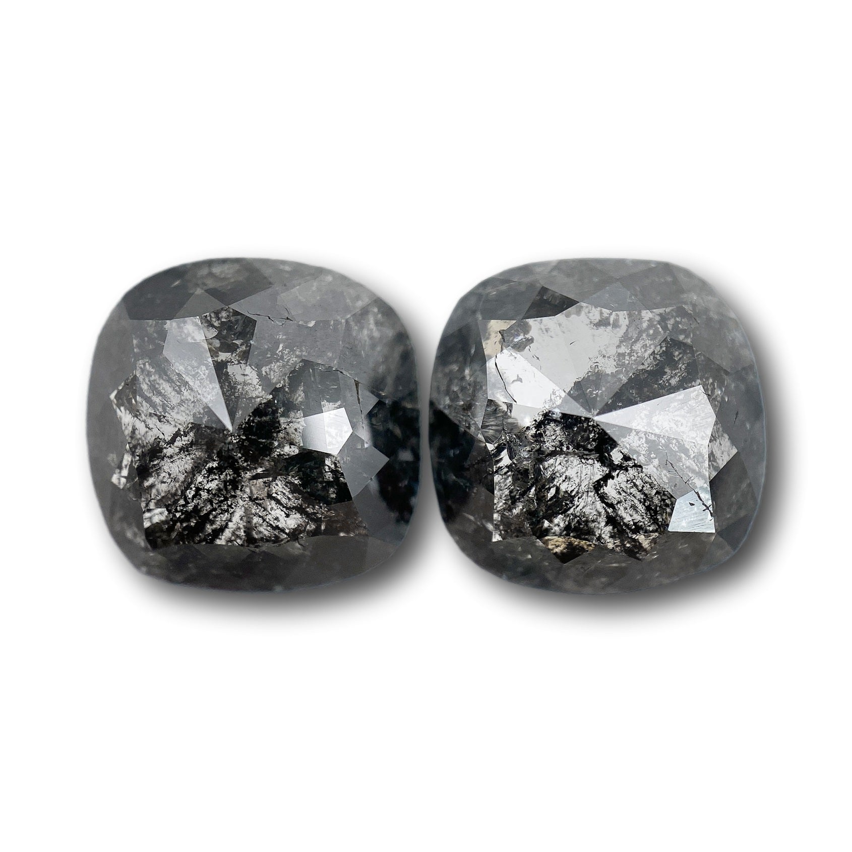 9.83cttw | Salt & Pepper Cushion Shape Rose Cut Diamond Matched Pair - Modern Rustic Diamond
