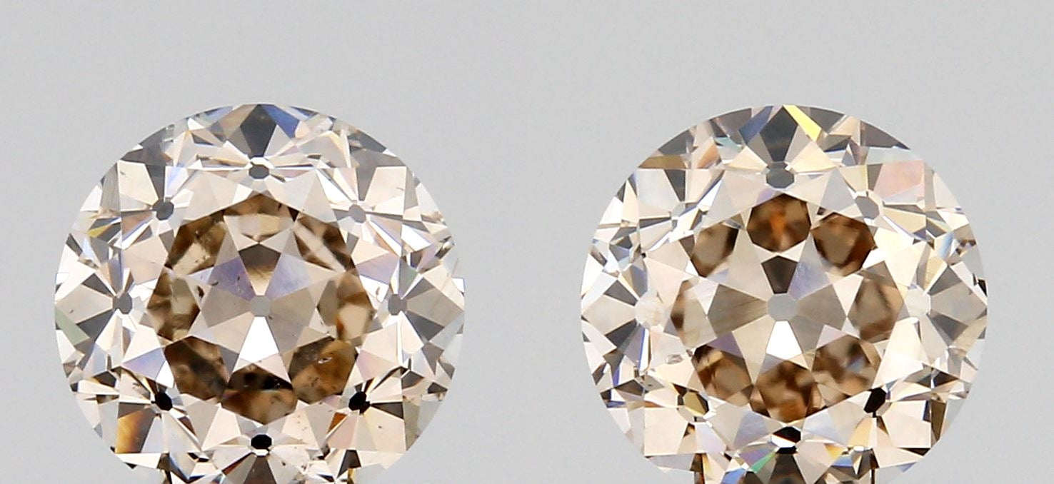 2.03cttw | Light Brown VS Round Shape Old European Cut Diamond Matched Pair - Modern Rustic Diamond
