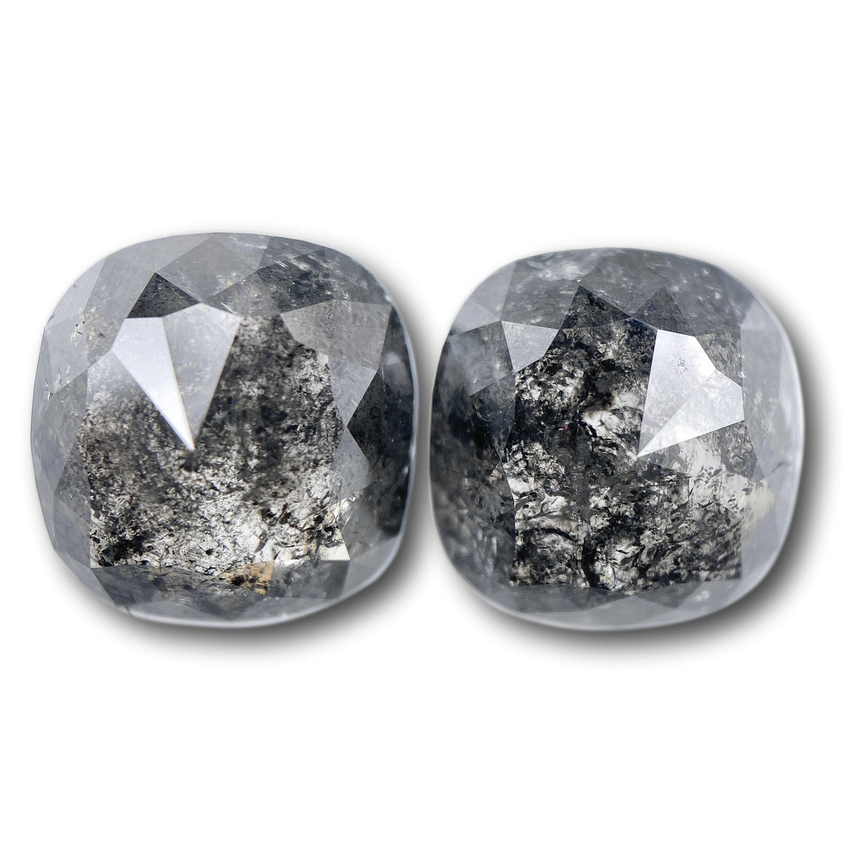 7.21cttw | Salt &amp; Pepper Cushion Shape Rose Cut Diamond Matched Pair - Modern Rustic Diamond