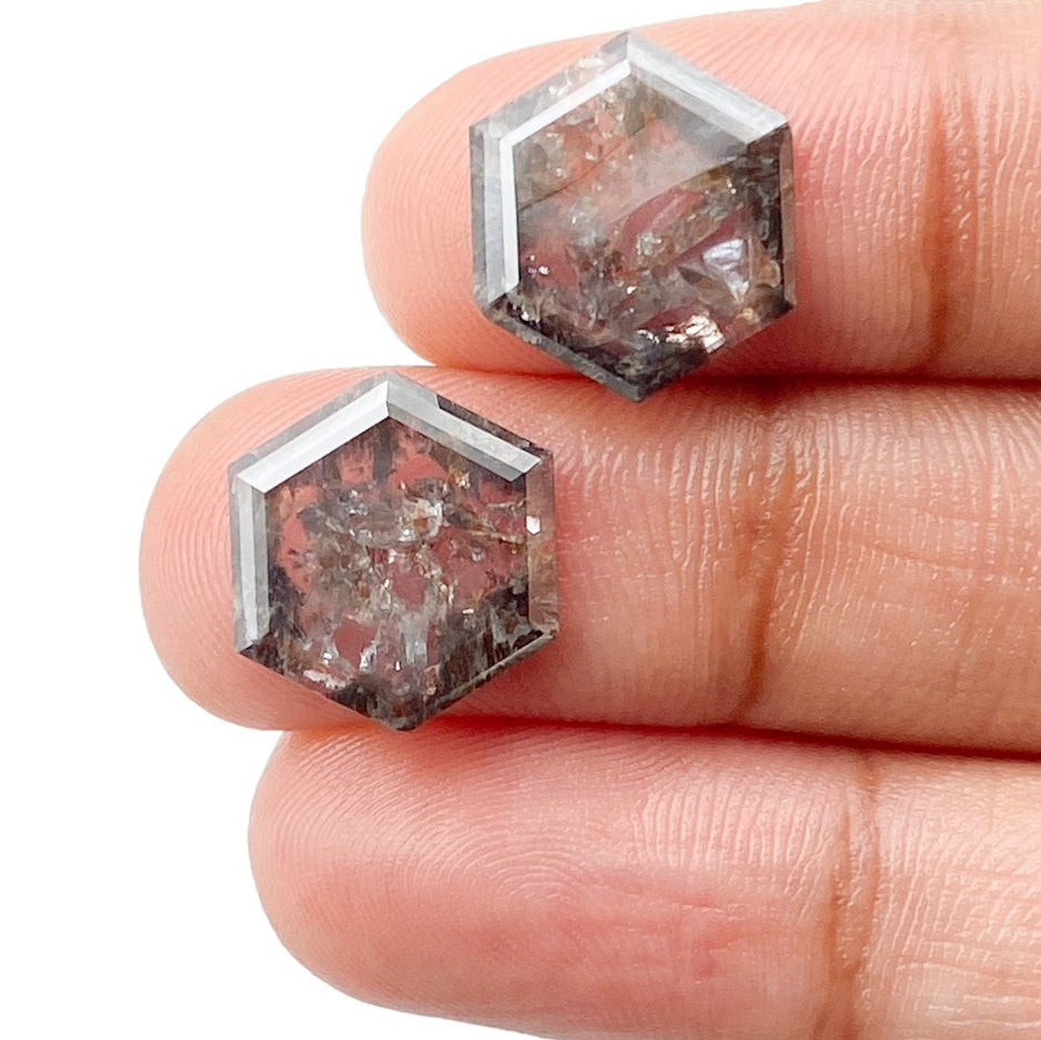 6.06cttw | Salt &amp; Pepper Hexagon Shape Rose Cut Diamond Matched Pair - Modern Rustic Diamond