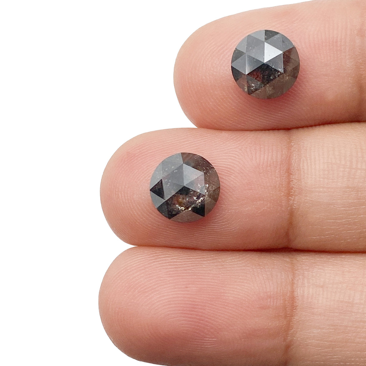 3.54cttw | Salt &amp; Pepper Round Shape Rose Cut Diamond Matched Pair - Modern Rustic Diamond
