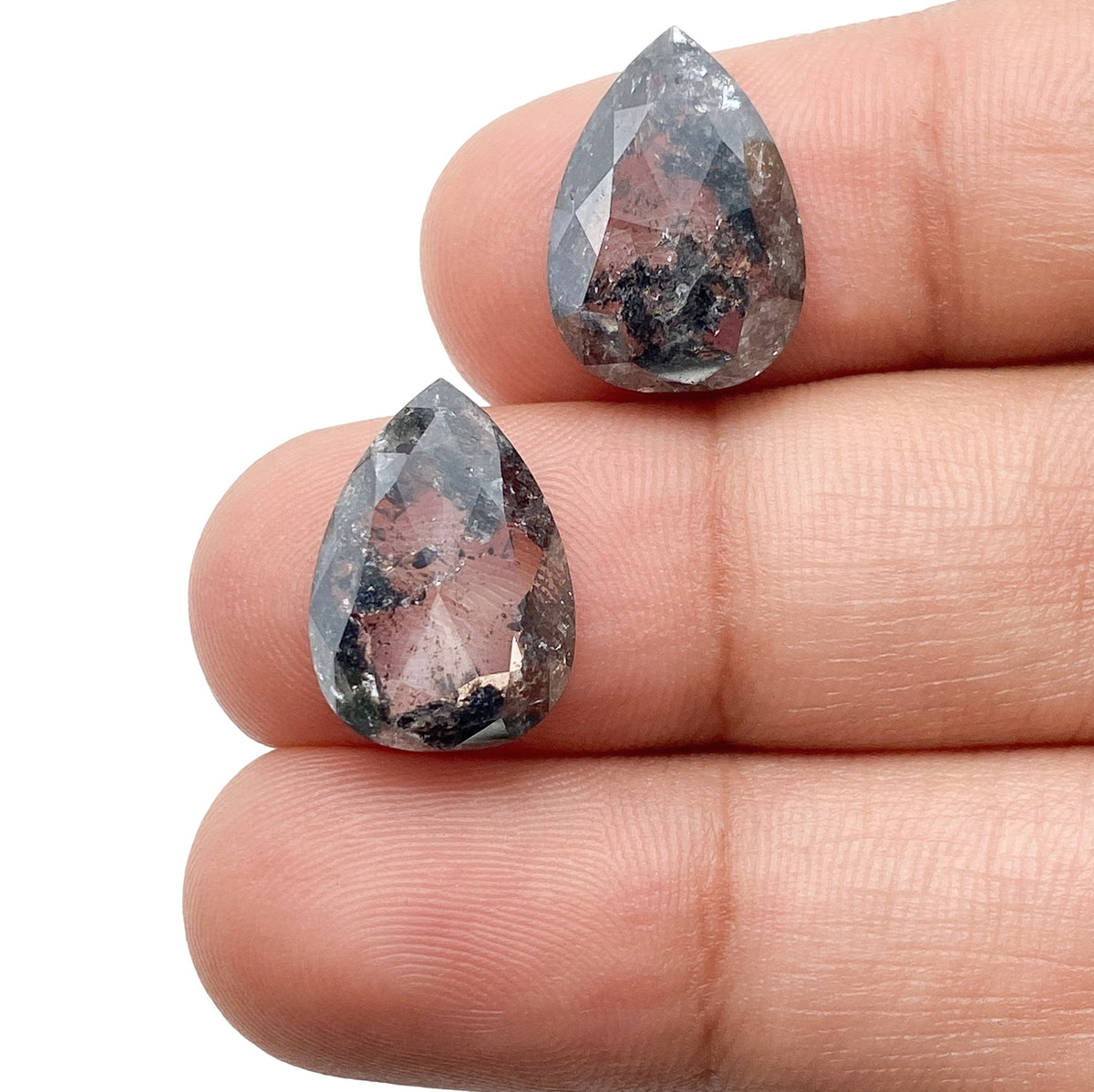 9.18cttw | Salt &amp; Pepper Pear Shape Rose Cut Diamond Matched Pair - Modern Rustic Diamond