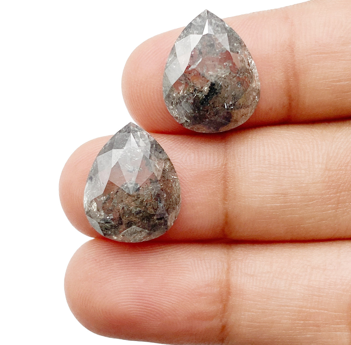 10.96cttw | Salt &amp; Pepper Pear Shape Rose Cut Diamond Matched Pair - Modern Rustic Diamond