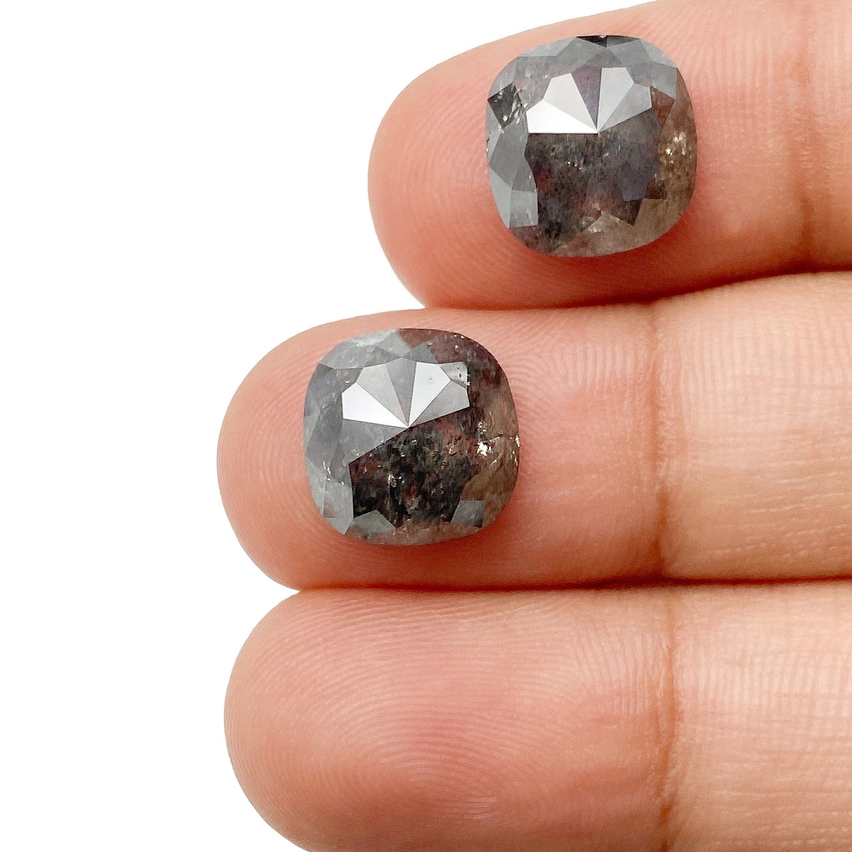 7.21cttw | Salt &amp; Pepper Cushion Shape Rose Cut Diamond Matched Pair - Modern Rustic Diamond