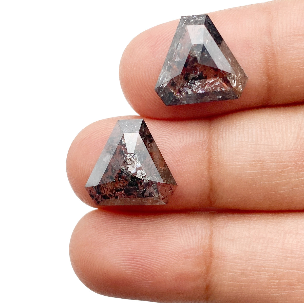 7.77cttw | Salt &amp; Pepper Shield Shape Rose Cut Diamond Matched Pair - Modern Rustic Diamond