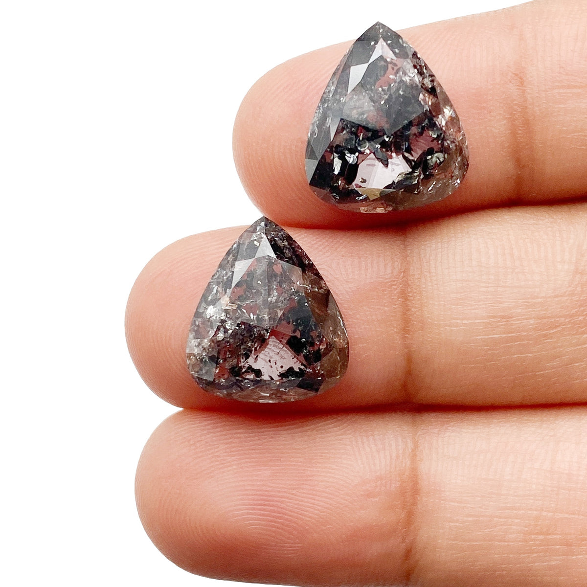 9.46cttw | Salt &amp; Pepper Pear Shape Rose Cut Diamond Matched Pair - Modern Rustic Diamond