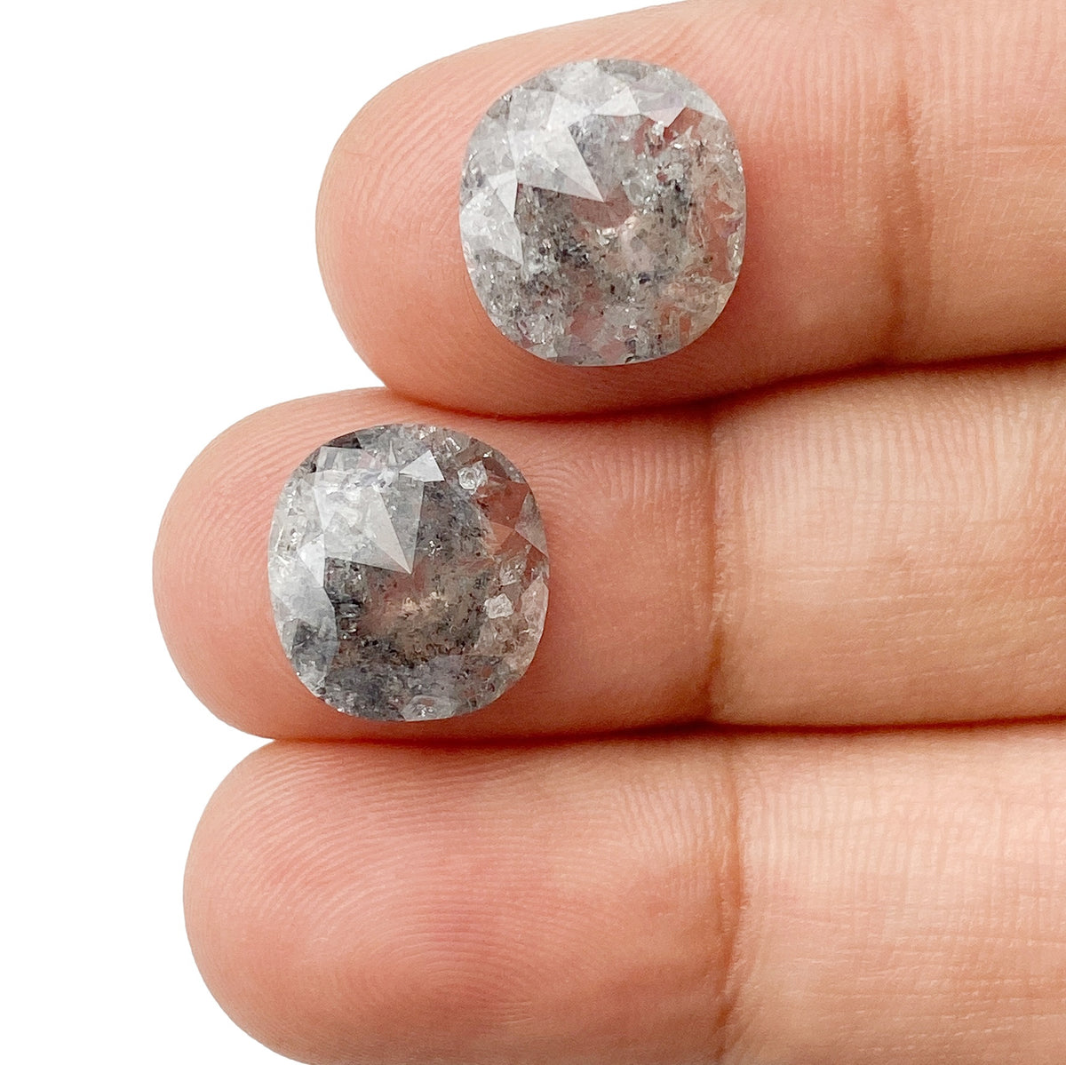7.03cttw | Salt &amp; Pepper Cushion Shape Rose Cut Diamond Matched Pair - Modern Rustic Diamond