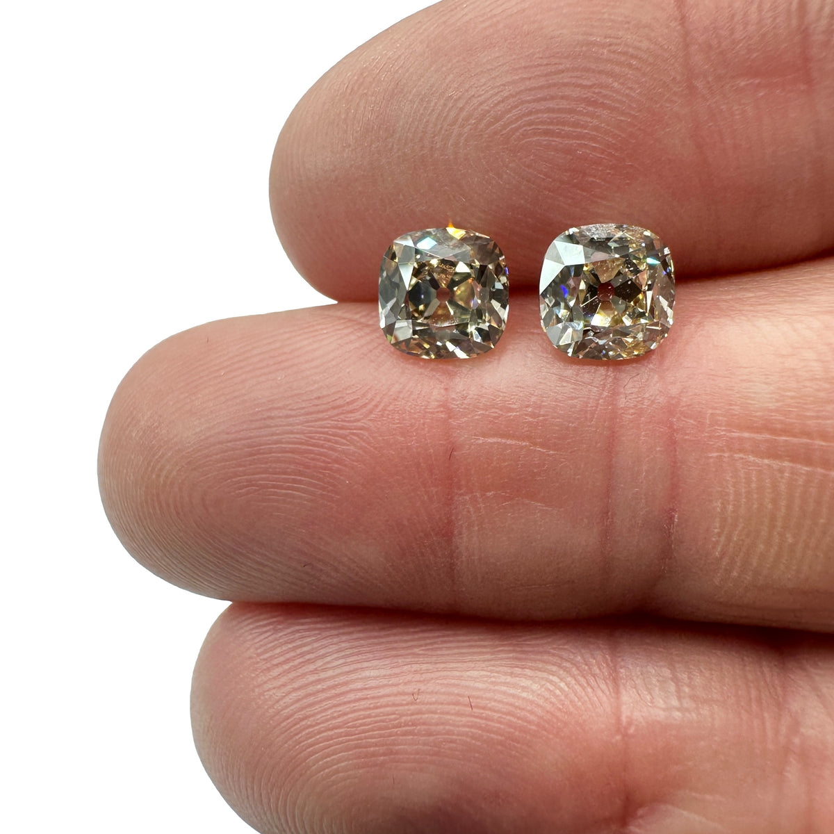 2.69cttw | Light Brown VVS-VS Cushion Shape Old Mine Cut Diamond Matched Pair - Modern Rustic Diamond