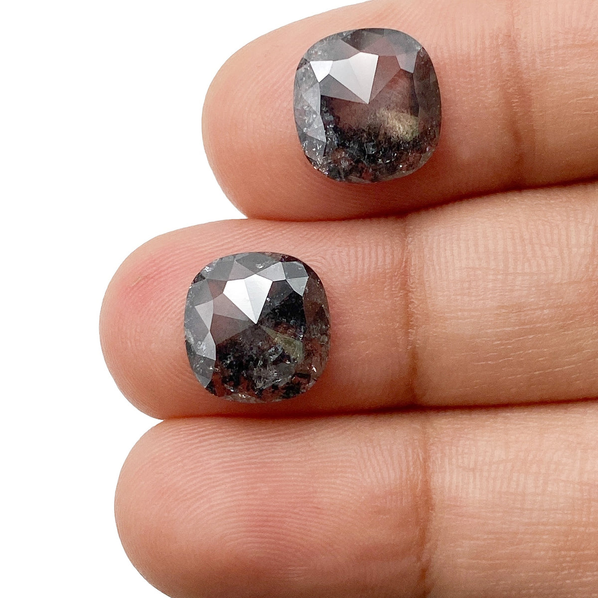 5.52cttw | Salt &amp; Pepper Cushion Shape Rose Cut Diamond Matched Pair - Modern Rustic Diamond