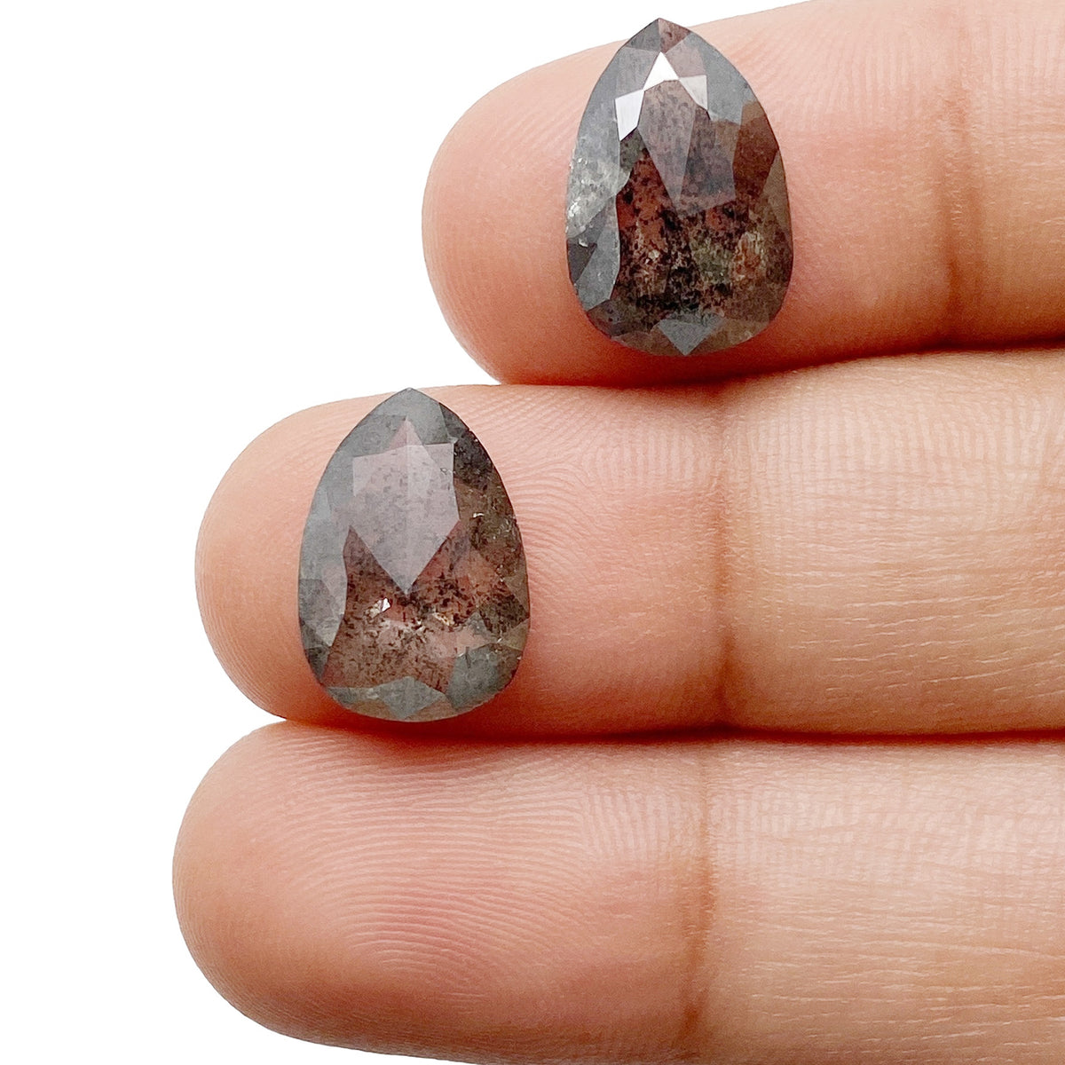 6.07cttw | Salt &amp; Pepper Pear Shape Rose Cut Diamond Matched Pair - Modern Rustic Diamond