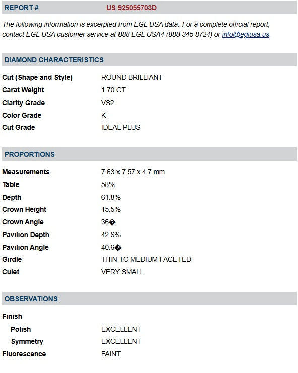 1.70ct | K/VS2 Round Shape Brilliant Cut Diamond (EGL USA) - Modern Rustic Diamond