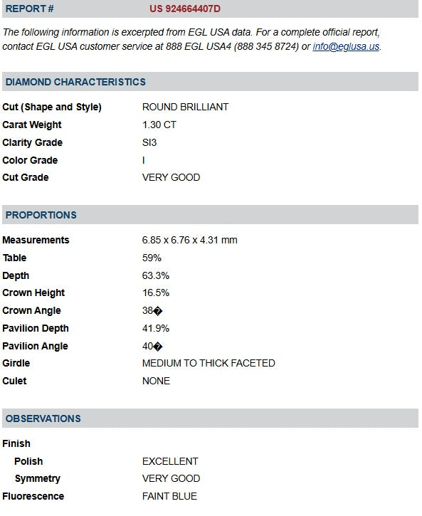 1.30ct | I/SI3 Round Shape Brilliant Cut Diamond (EGL USA) - Modern Rustic Diamond