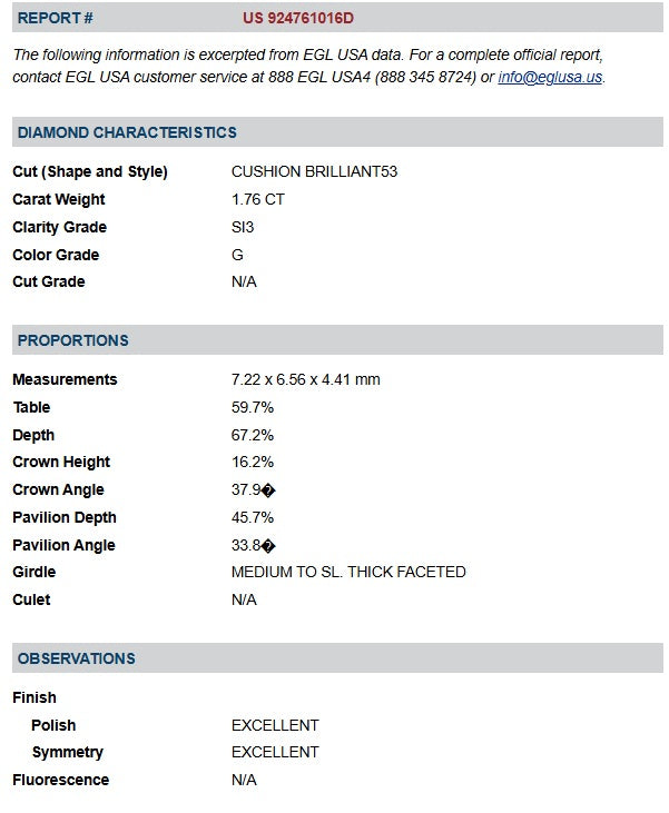1.76ct | G/SI3 Cushion Shape Brilliant Cut Diamond (EGL USA) - Modern Rustic Diamond