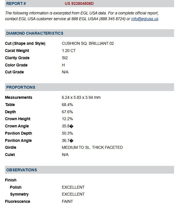 1.20ct | H/SI2 Cushion Shape Brilliant Cut Diamond (EGL USA) - Modern Rustic Diamond