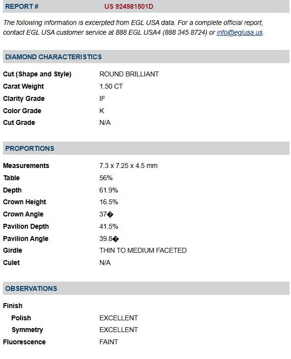 1.50ct | K/IF Round Shape Brilliant Cut Diamond (EGL USA) - Modern Rustic Diamond