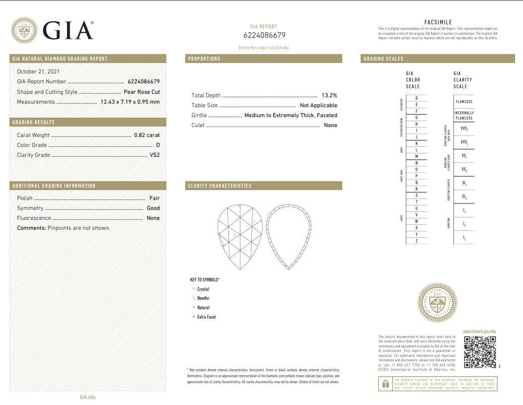 0.82ct | D/VS2 Pear Shape Rose Cut Diamond (GIA) - Modern Rustic Diamond