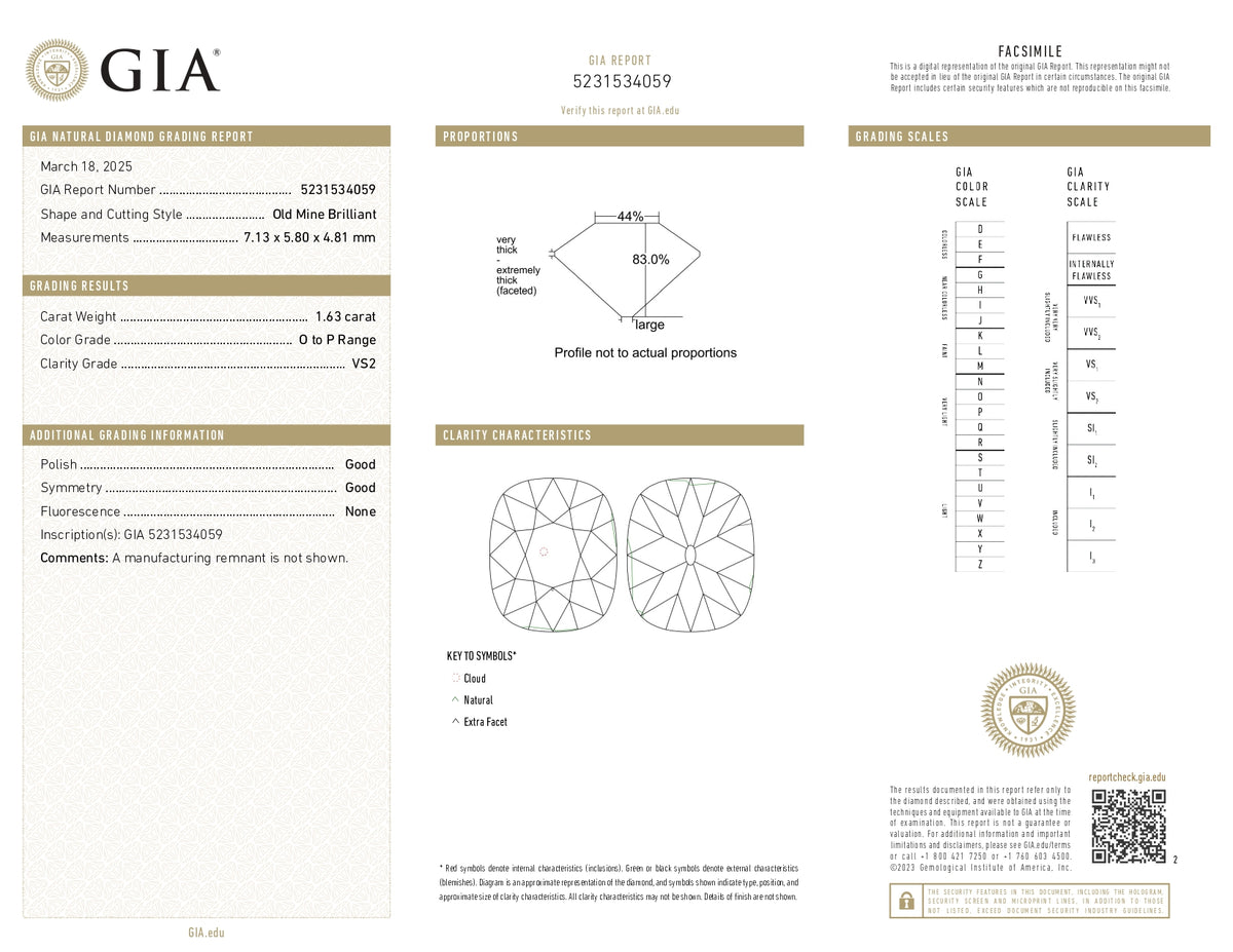 1.63ct | O-P/VS2 Cushion Shape Old Mine Cut Diamond (GIA) - Modern Rustic Diamond