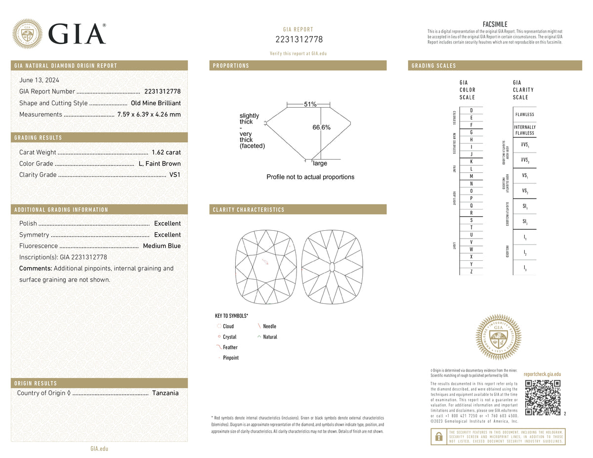 1.62ct | L/VS1 Cushion Shape Old Mine Cut Diamond (GIA) - Modern Rustic Diamond
