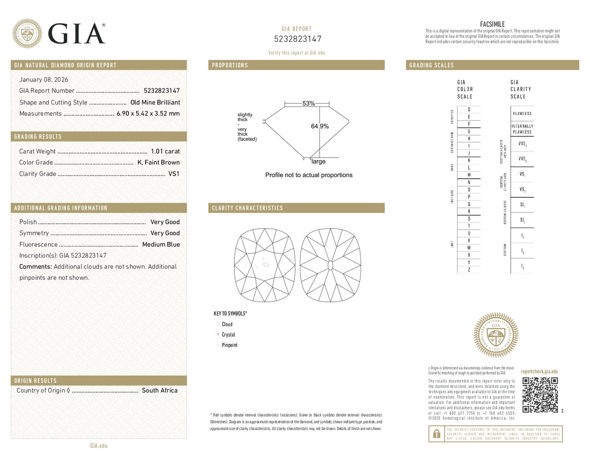 1.01ct | K/VS1 Cushion Shape Old Mine Cut Diamond (GIA) - Modern Rustic Diamond