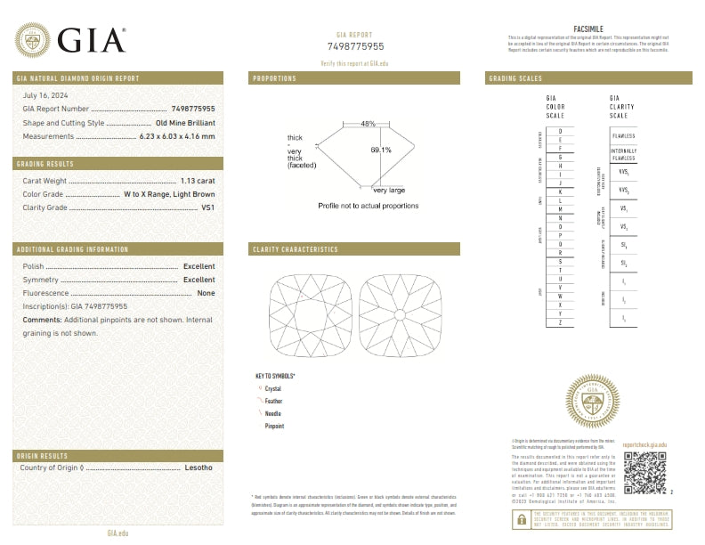 1.13ct | W-X/VS1 Cushion Shape Old Mine Cut Diamond (GIA) - Modern Rustic Diamond