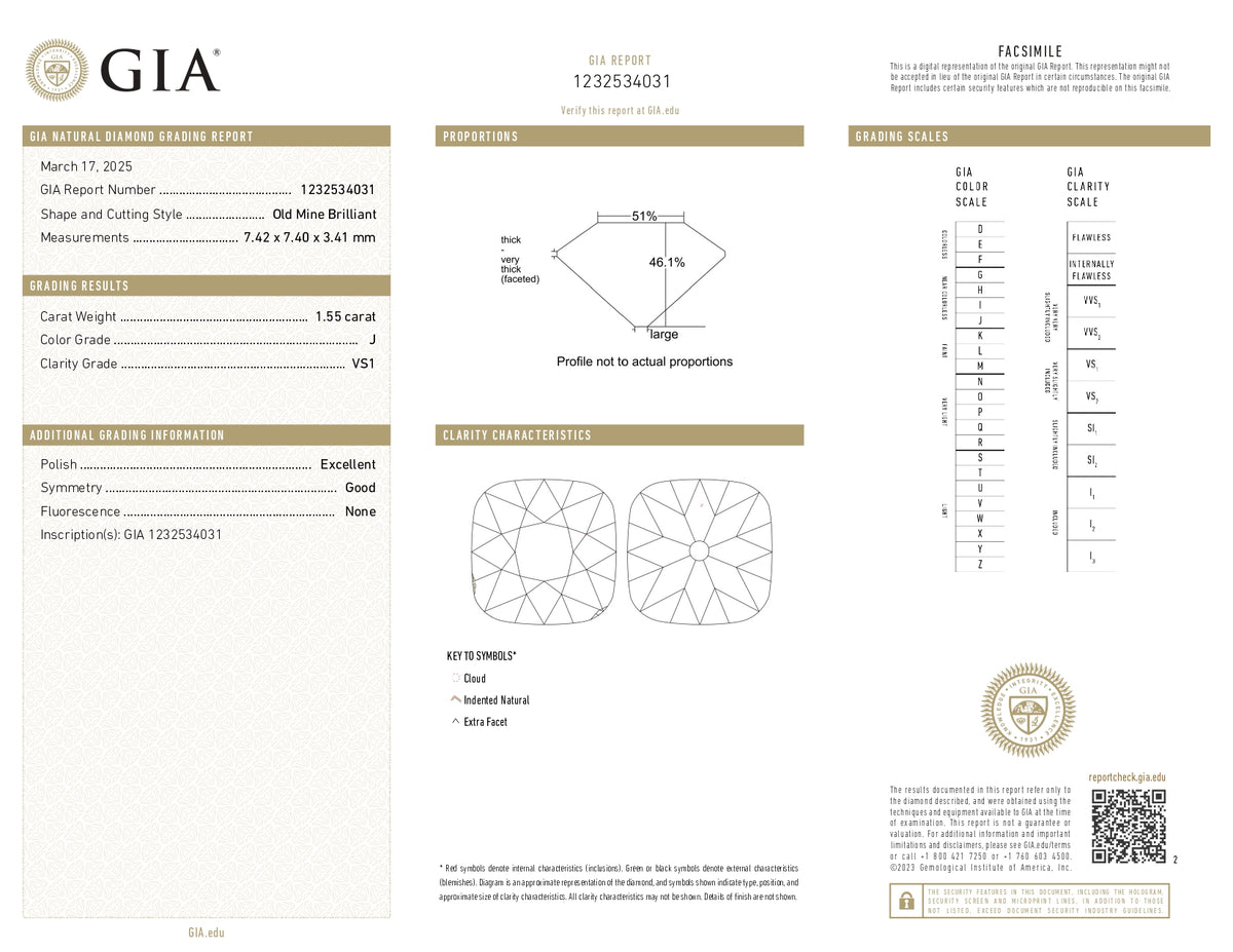 1.55ct | J/VS1 Cushion Shape Old Mine Cut Diamond (GIA) - Modern Rustic Diamond
